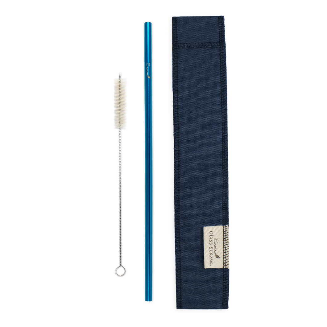 Ocean Blue Steel Straw Cloth Carrier Bundle with Cleaning Brush